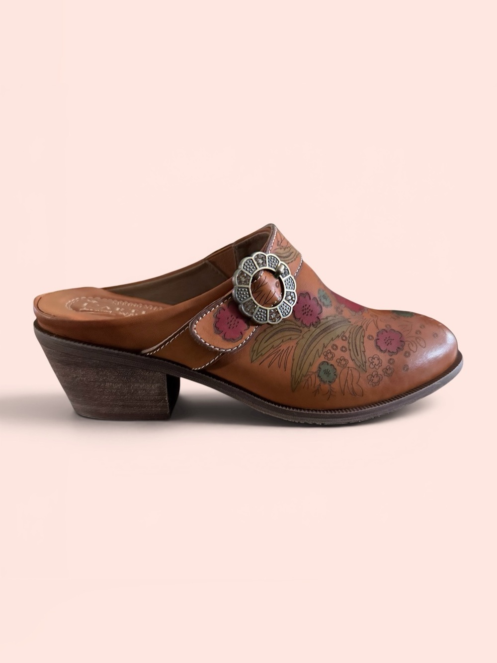 L'Artiste Spring Step Floral Tooled Leather Mule Clogs EU 39 Boho Cottagecore
